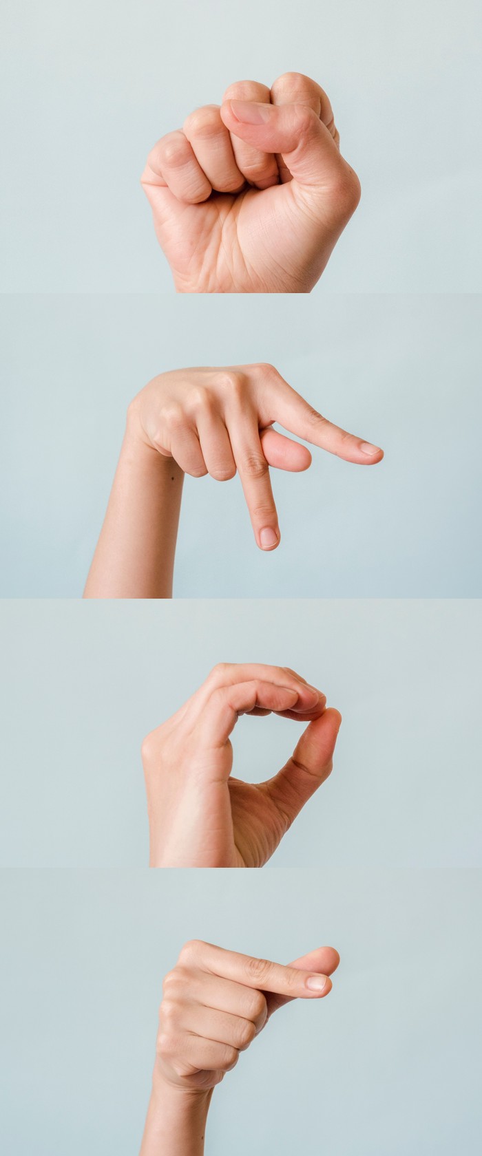 A hand fingerspelling S, P, O, and G in American Sign Language